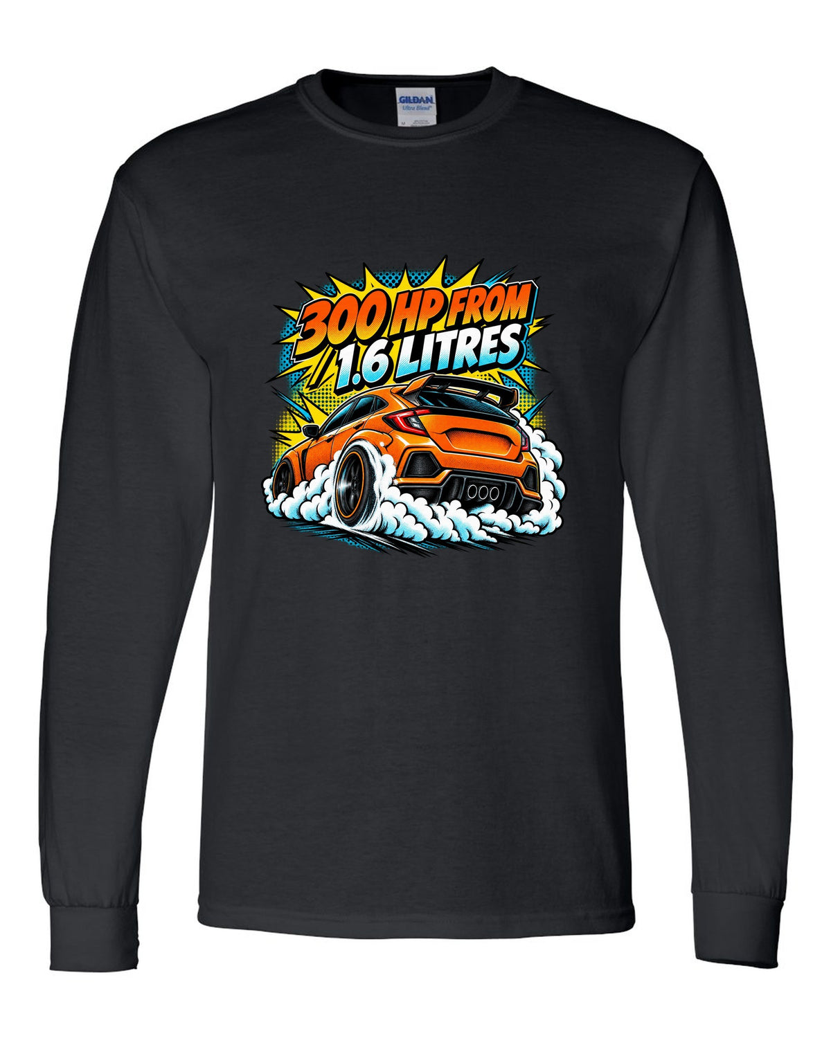 Comic halftone pop-art of a Toyota GR Corolla doing a burnout with 300 HP from 1.6 litres lettering black long sleeve front view with the design