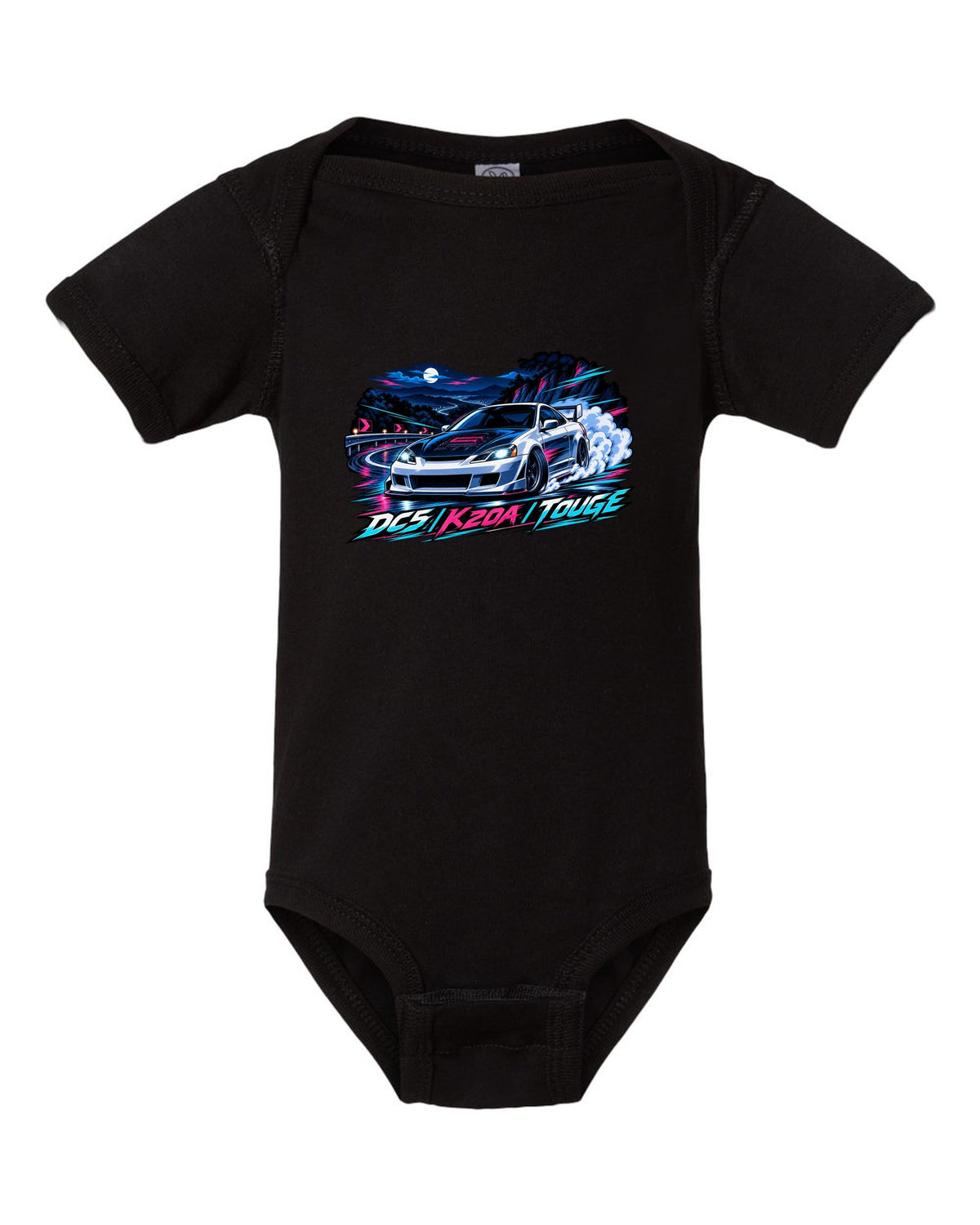 Crest layout print for the Honda Integra Type R DC5 with 6MT only text black baby onesie front view with the design
