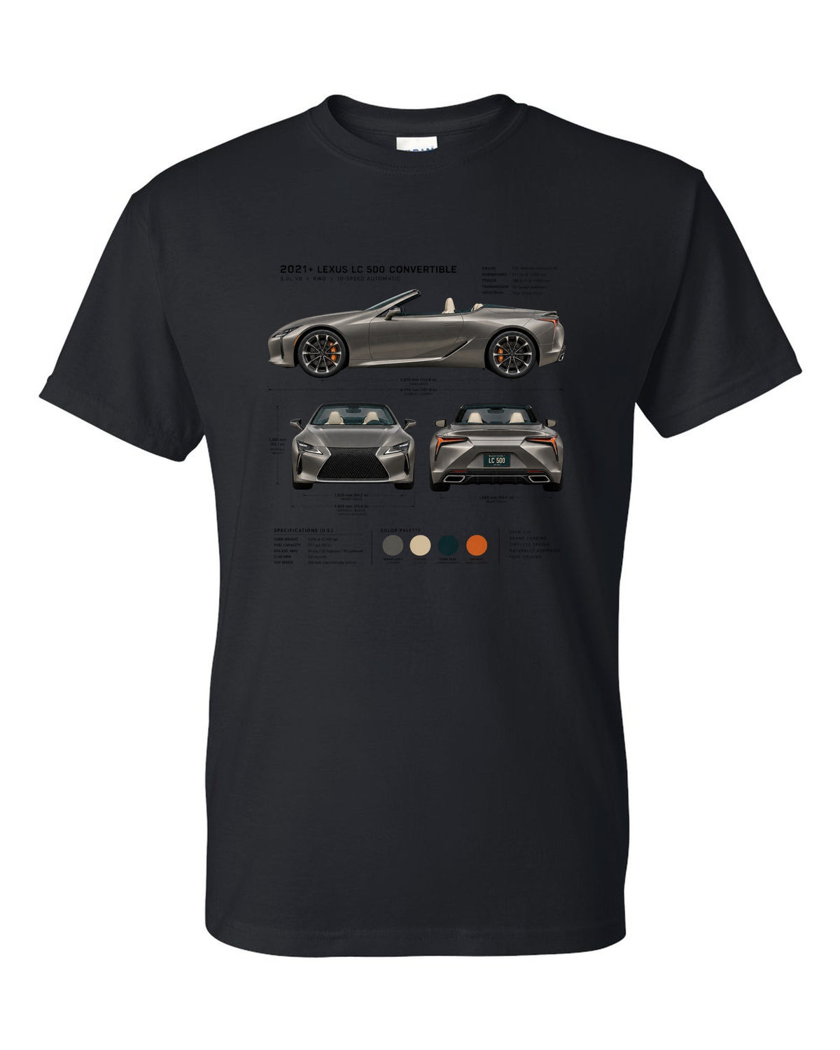 Three-view drawing of the Lexus LC 500 Convertible with spec table black t-shirt front view with the design