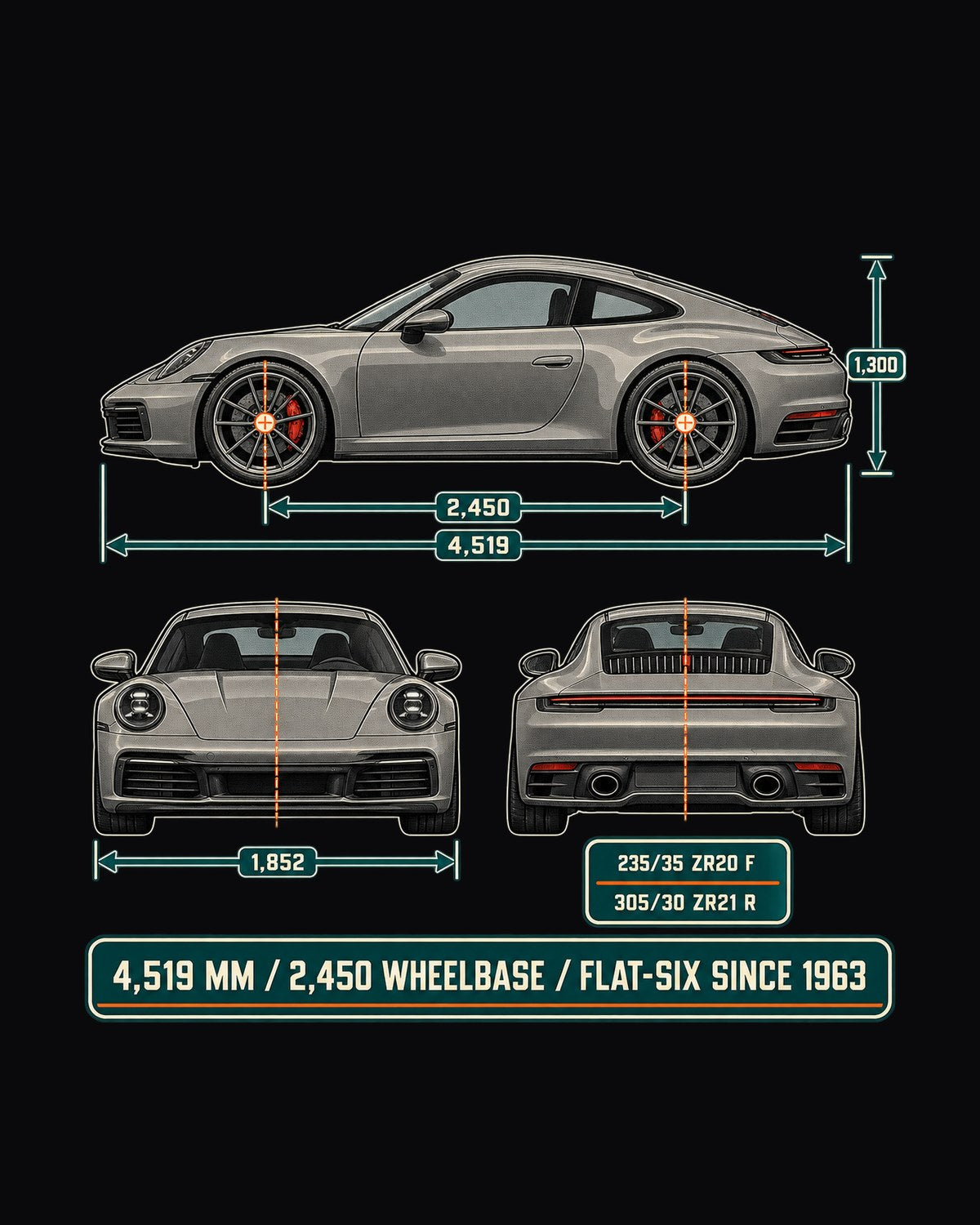 Porsche 992 Carrera S Dimension Blueprint Tee, 911 Gift design only