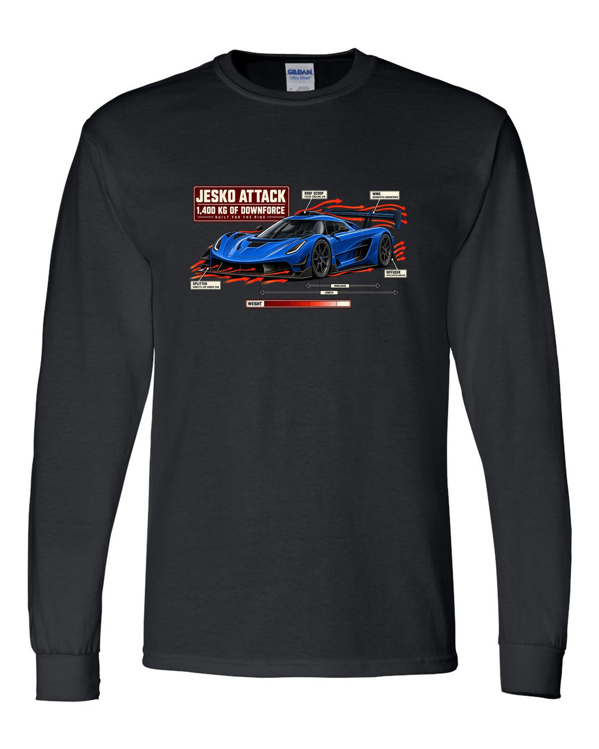 Aero callout diagram of the Koenigsegg Jesko Attack with rear wing and splitter, print black long sleeve front view with the design