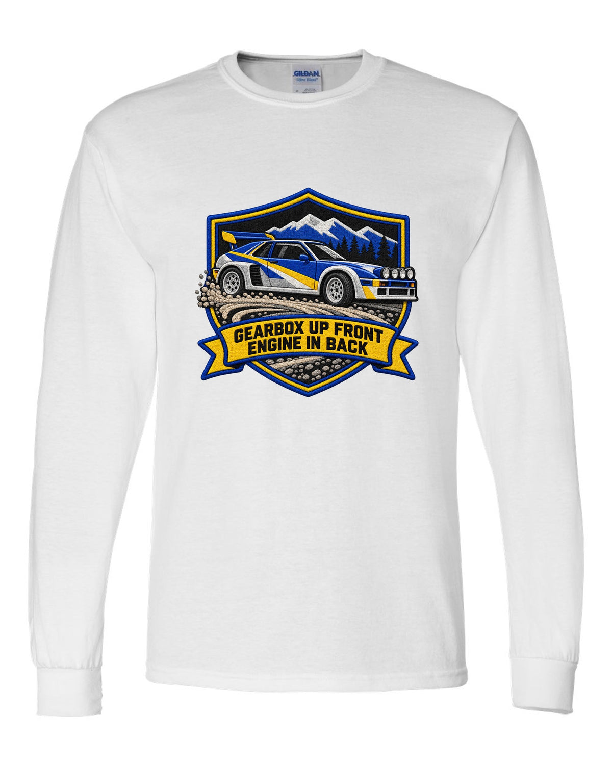 Varsity crest print of the Ford RS200 with gearbox up front, engine in back text white long sleeve front view with the design