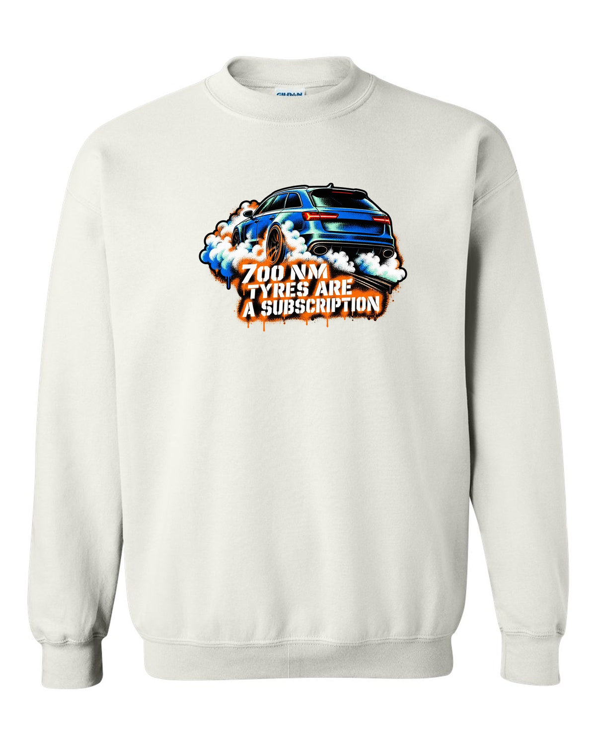 Stencil spray street art design of the Audi RS6 Avant C7 4G with 700 Nm and tyres are a subscription lettering white crewneck front view with the design