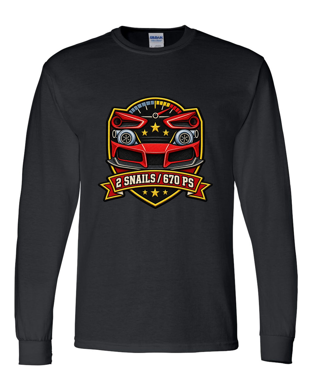 Shield layout for the Ferrari 488 GTB with 2 snails and 670 PS text black long sleeve front view with the design