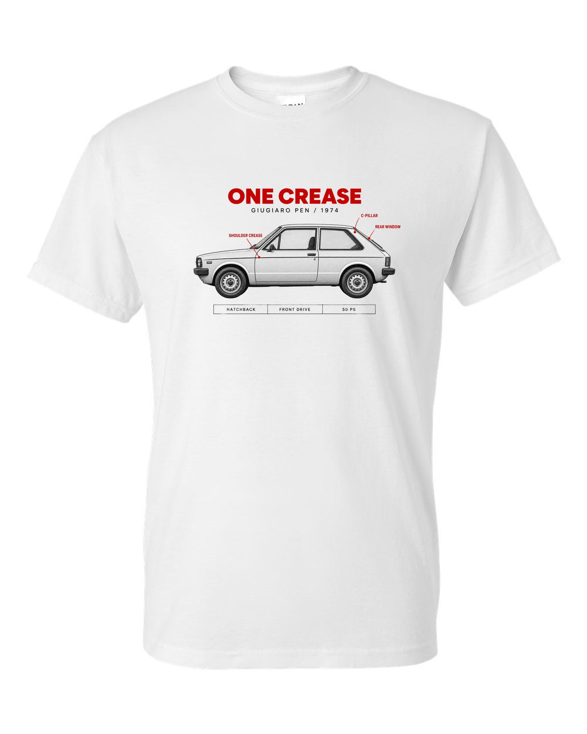 VW Golf Mk1 1974 Giugiaro Spec Poster print white t-shirt front view with the design
