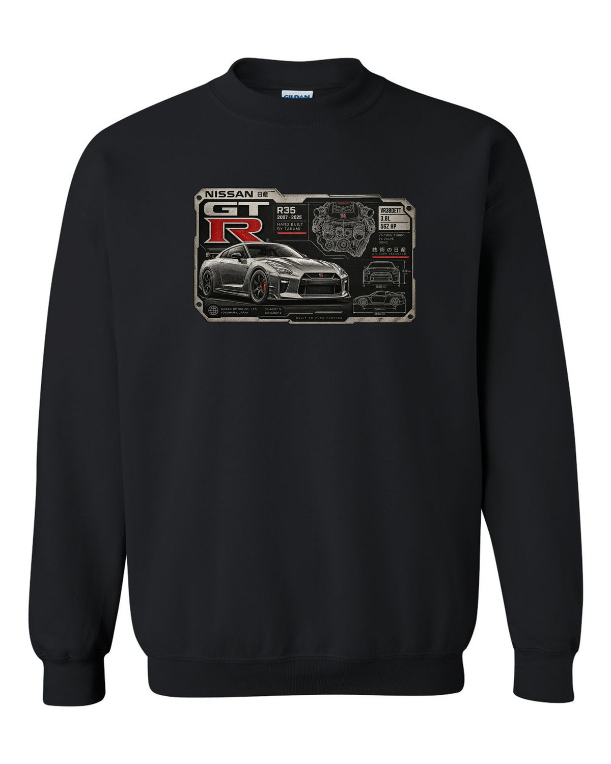 Spec sheet data plate print for the Nissan GT-R R35 showing VR38DETT 3.8L 562 HP black crewneck front view with the design