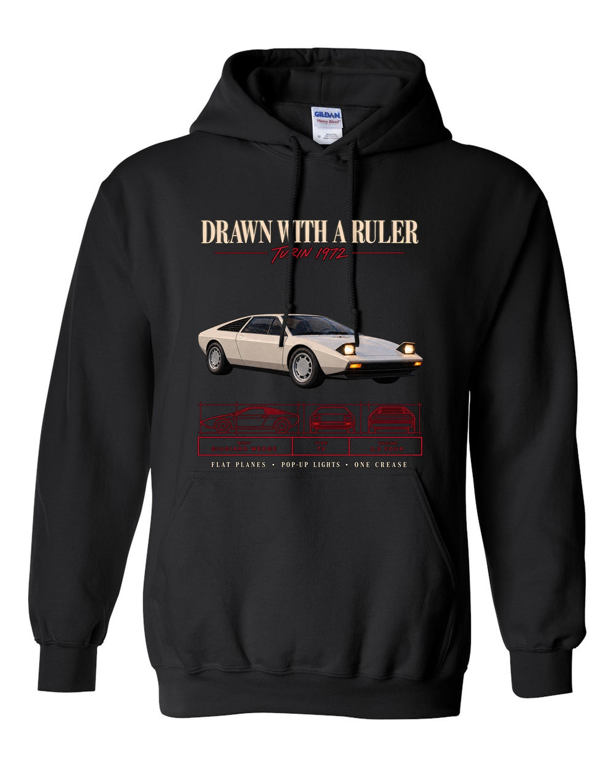 Archive panel print of a 1976 Lotus Esprit S1 Type 79 with Giugiaro wedge text black pull over hoodie front view with the design