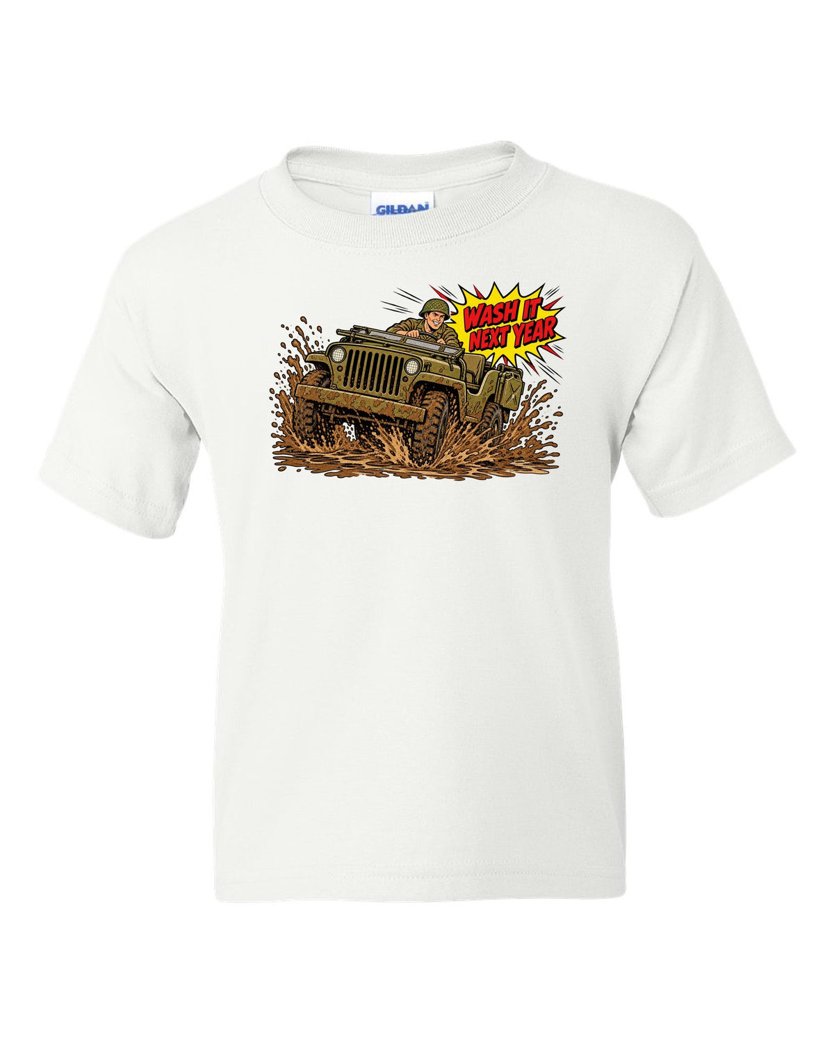 Comic halftone pop-art print of a Willys MB splashing mud with wash it next year text white kids tee front view with the design