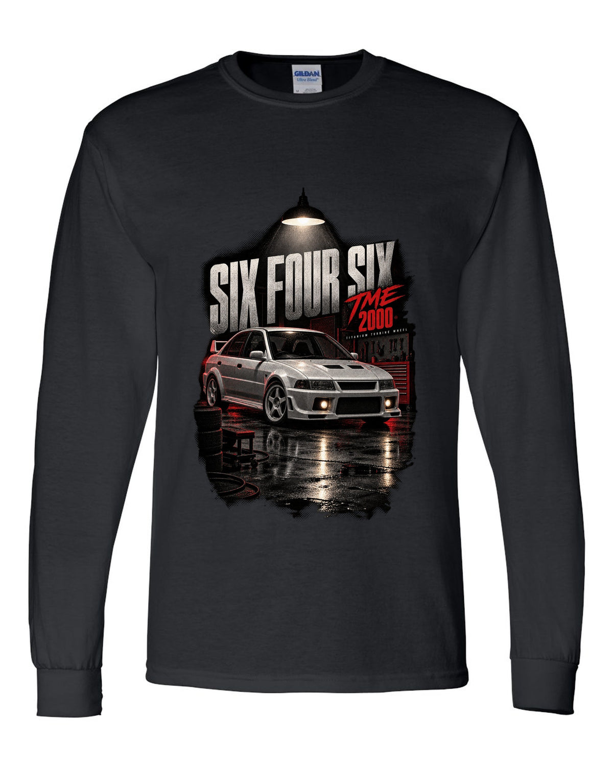 Garage night print for the Mitsubishi Lancer Evolution VI TME CP9A reading Six Four Six, titanium turbine wheel, 2000 black long sleeve front view with the design