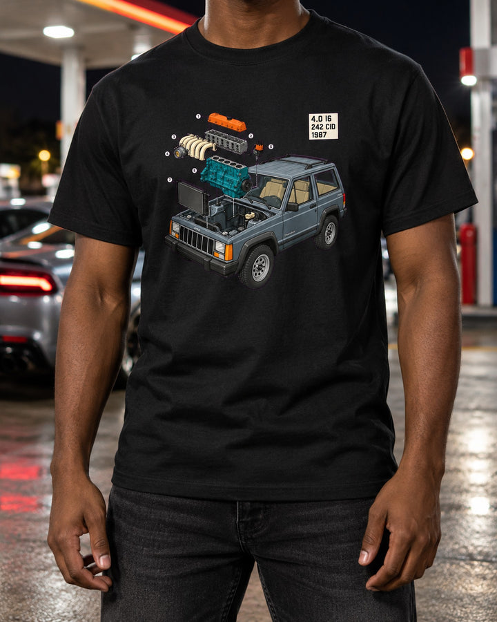 Jeep Cherokee XJ 4.0 Inline Six Exploded Diagram Tee T-Shirt Black worn hero