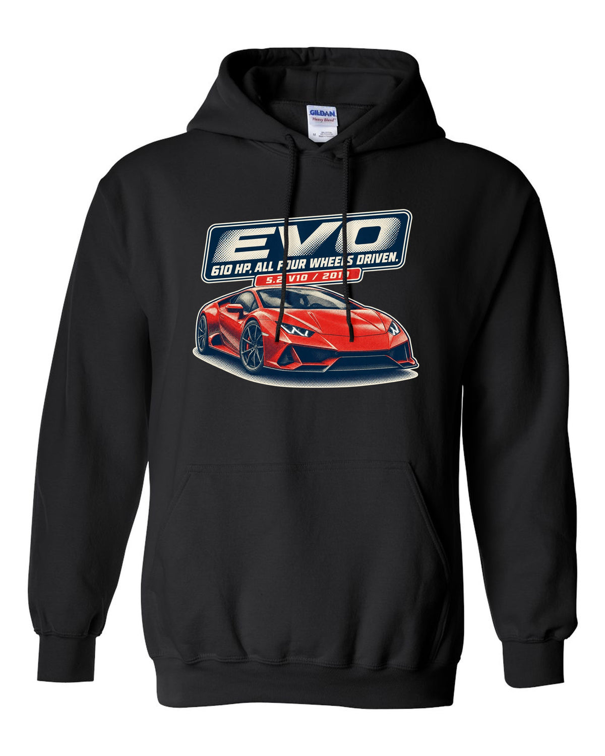 Halftone print of the Lamborghini Huracan EVO black pull over hoodie front view with the design