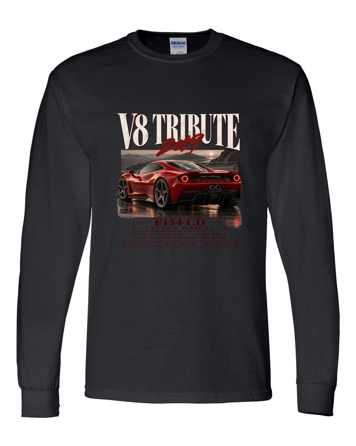 Archive panel print of a Ferrari F8 Tributo listing 3.9 L twin-turbo V8, 720 PS and 1,330 kg dry black long sleeve front view with the design
