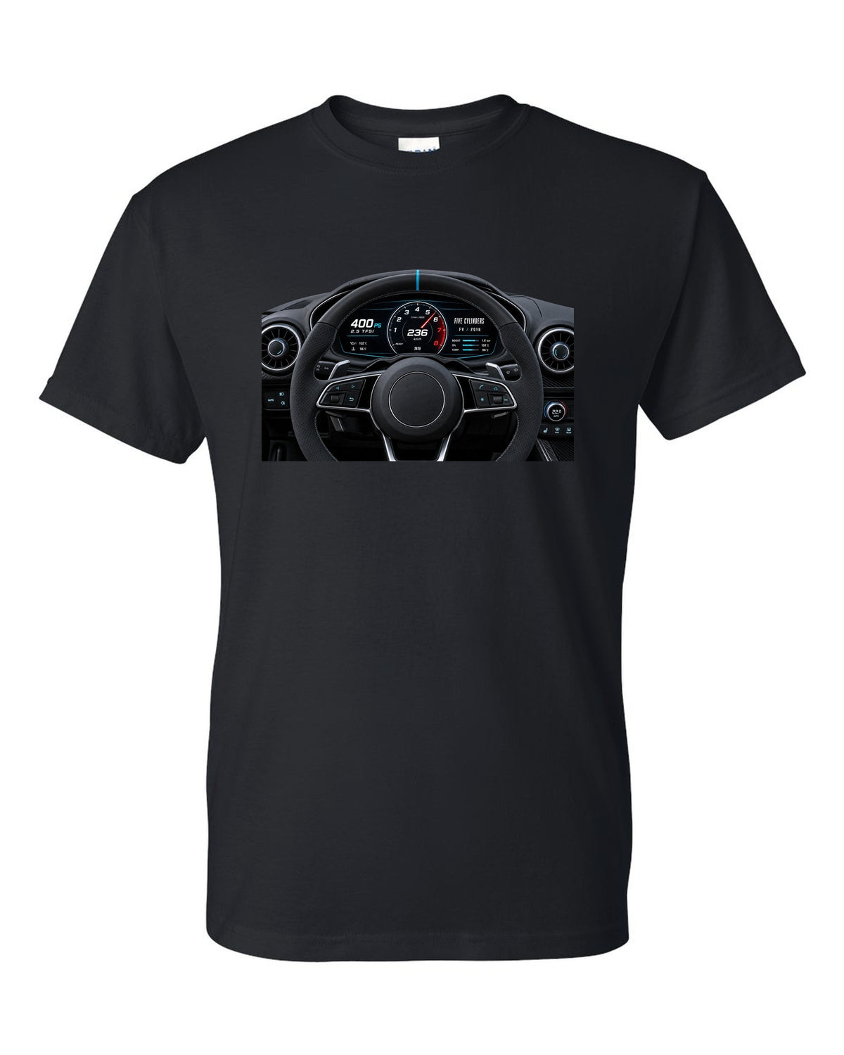 Audi TT RS FV virtual cockpit instrument cluster with 2.5 TFSI 400 PS text black t-shirt front view with the design
