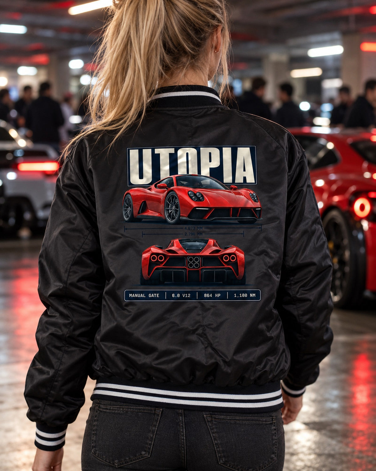 Pagani Utopia Spec Poster Shirt, Manual Gate V12 Tee Bomber Jacket Black worn hero