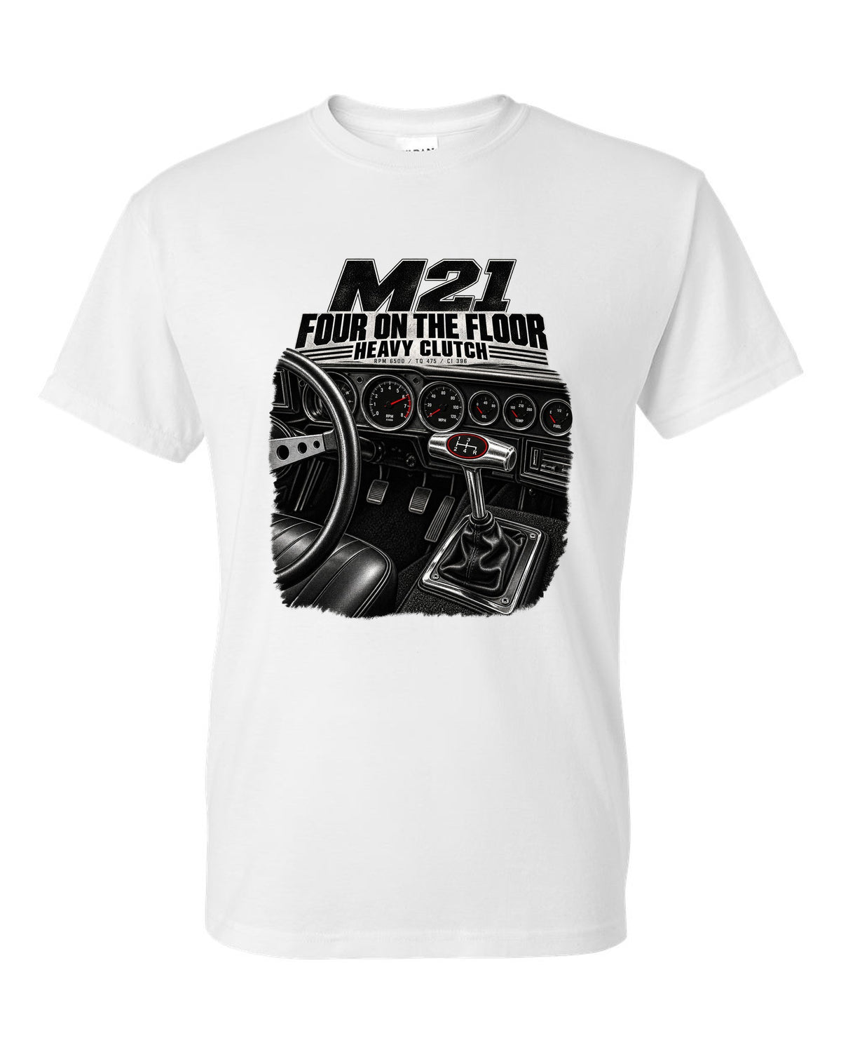 1970 Nova SS interior with Muncie four-speed shifter cockpit print white t-shirt front view with the design