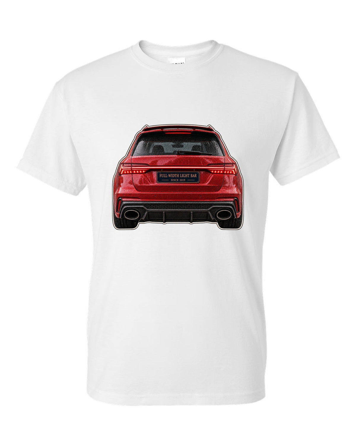 Close-up print of the full-width taillight bar on an Audi RS6 Avant C8 white t-shirt front view with the design