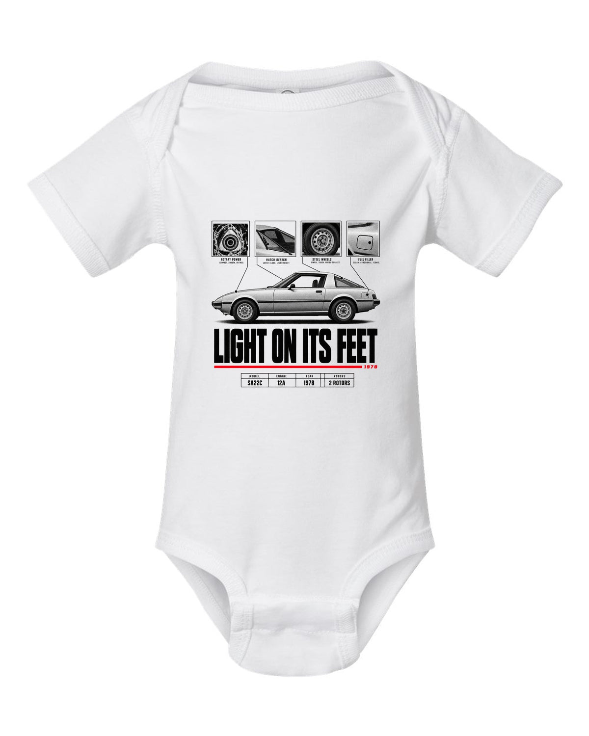 Spec poster print of a Mazda RX-7 SA22C Savanna with 12A lettering white baby onesie front view with the design