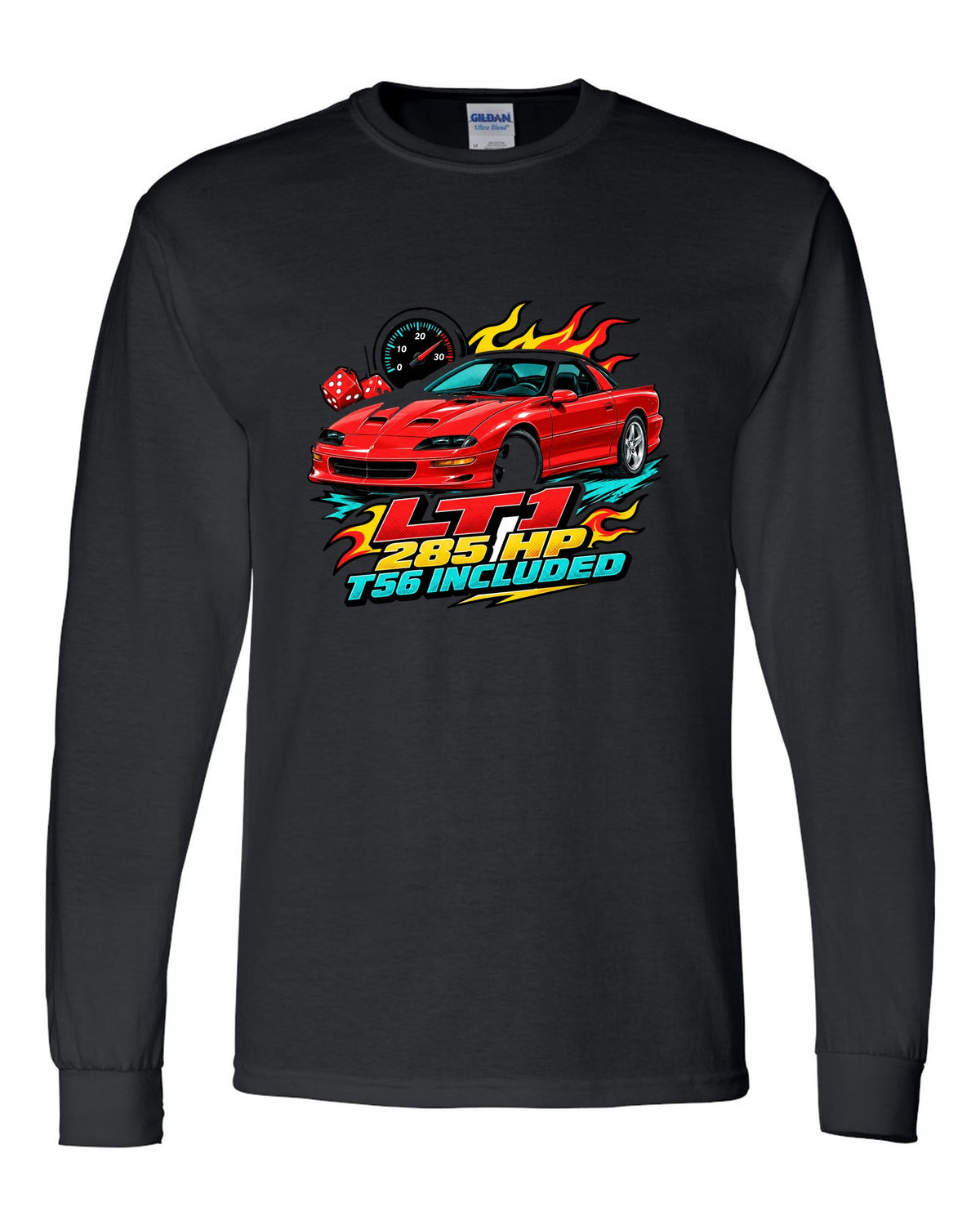 1996 Chevrolet Camaro Z28 LT1 sticker-bomb collage print with 285 HP T56 text black long sleeve front view with the design