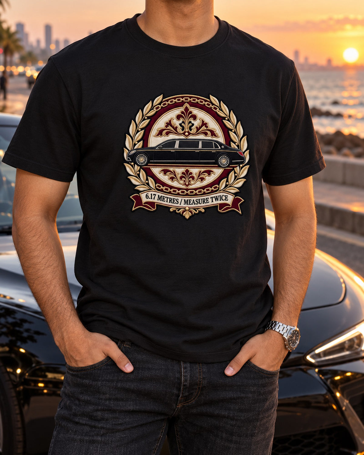 Maybach 62 W240 Opera Window Crest Shirt, Measure Twice T-Shirt Black worn hero