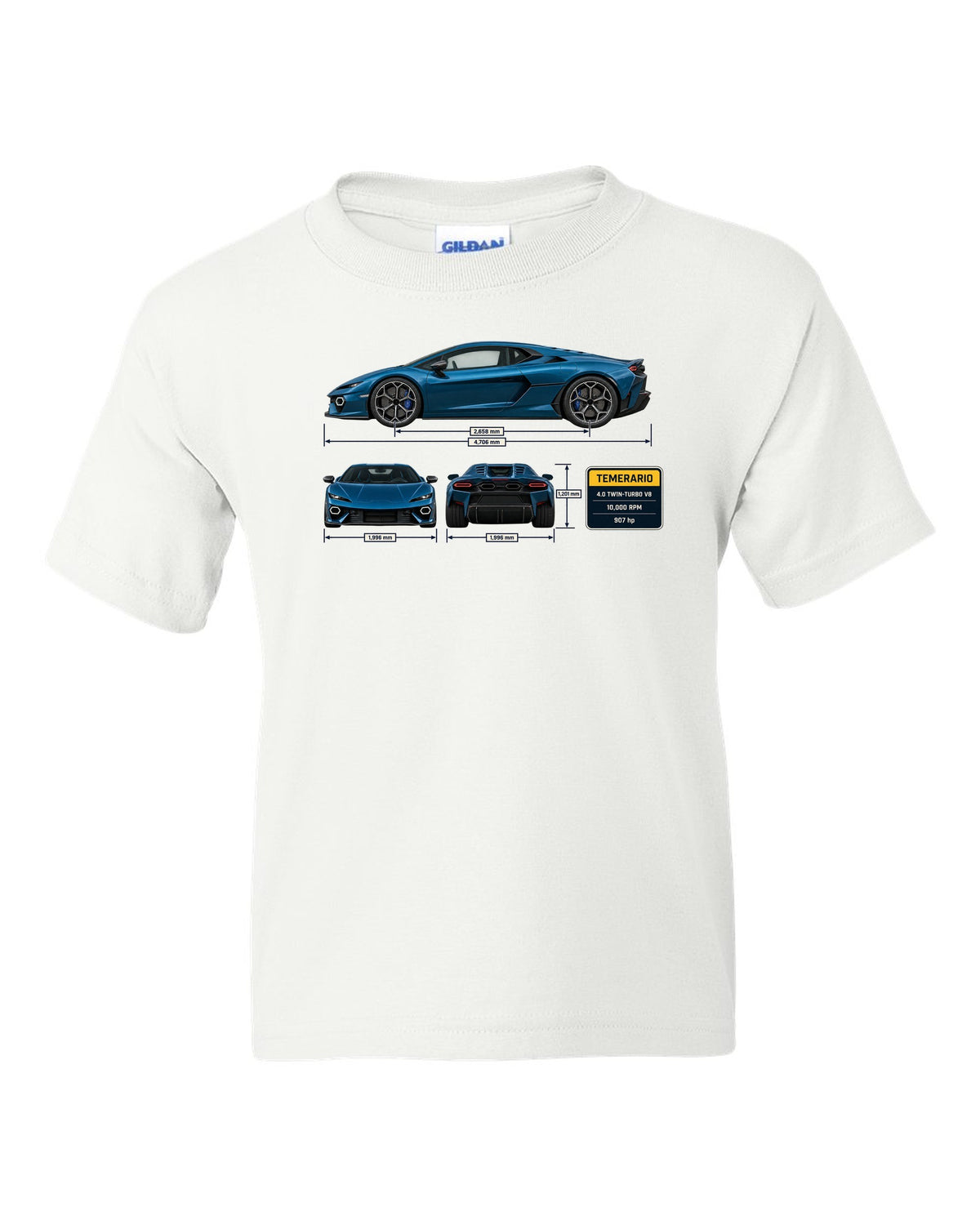 Three-view spec print of the Lamborghini Temerario white kids tee front view with the design