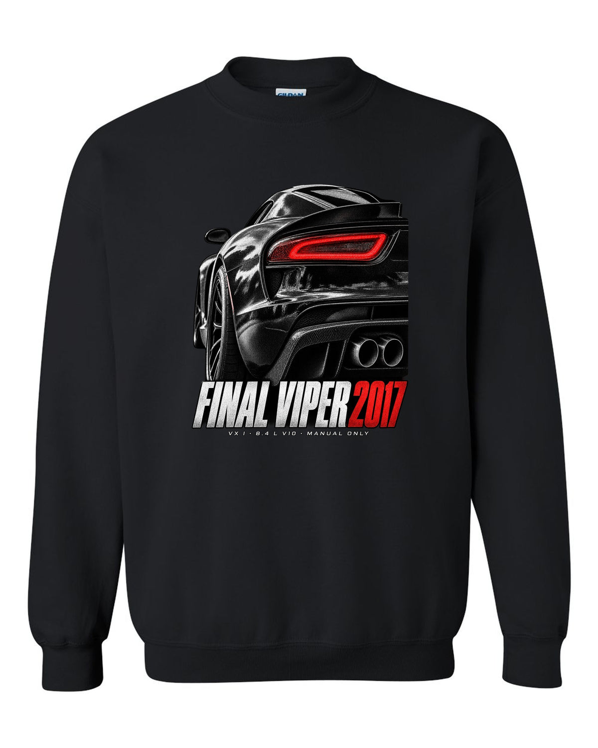 2014 Dodge Viper SRT VX I rear taillight macro print with Final Viper 2017 lettering black crewneck front view with the design