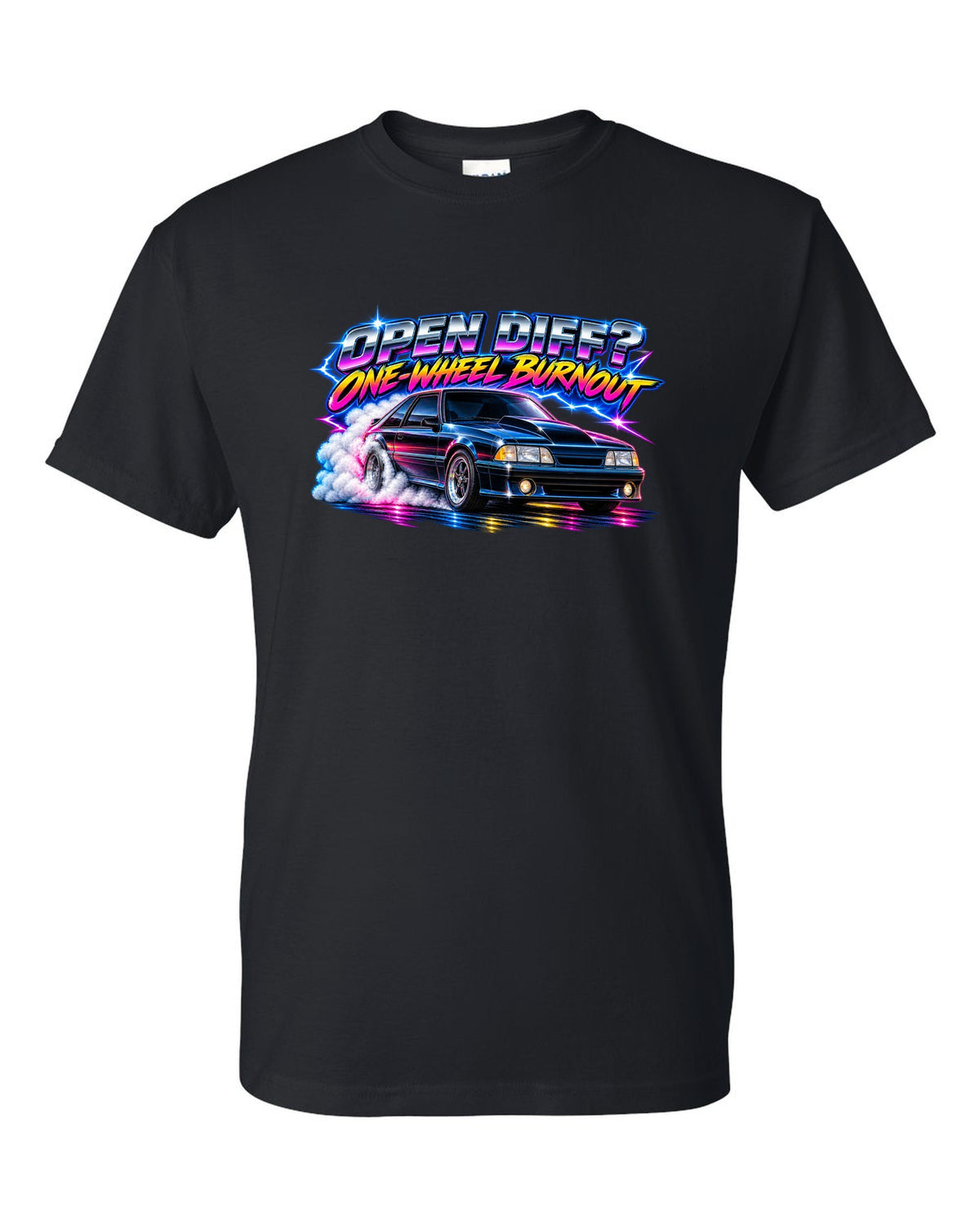 80s airbrush chrome print of a Ford Mustang Fox Body GT chback with a one-wheel burnout black t-shirt front view with the design