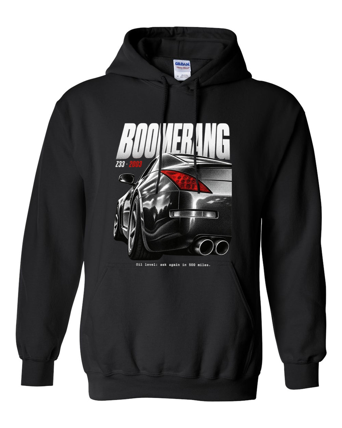 print of Nissan 350Z Z33 boomerang tail lights with an oil level joke caption black pull over hoodie front view with the design