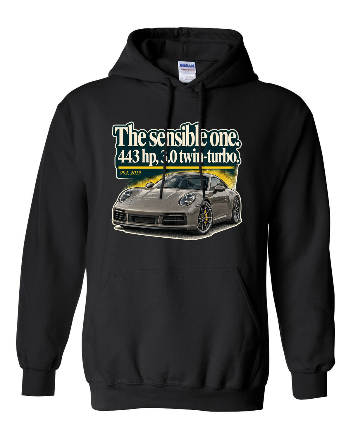 print of a Porsche 992 Carrera S coupe with an editorial headline layout black pull over hoodie front view with the design