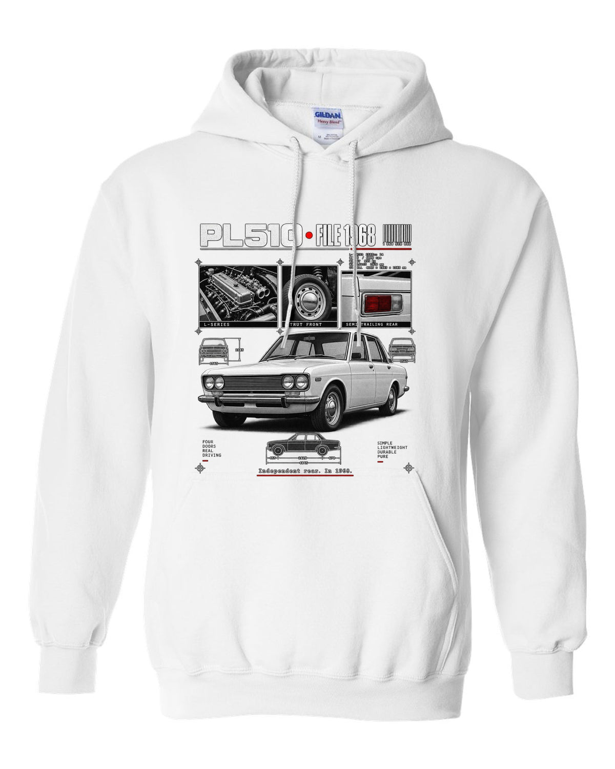 Dossier panel print of a Datsun PL510 sedan and wagon with suspension notes white pull over hoodie front view with the design