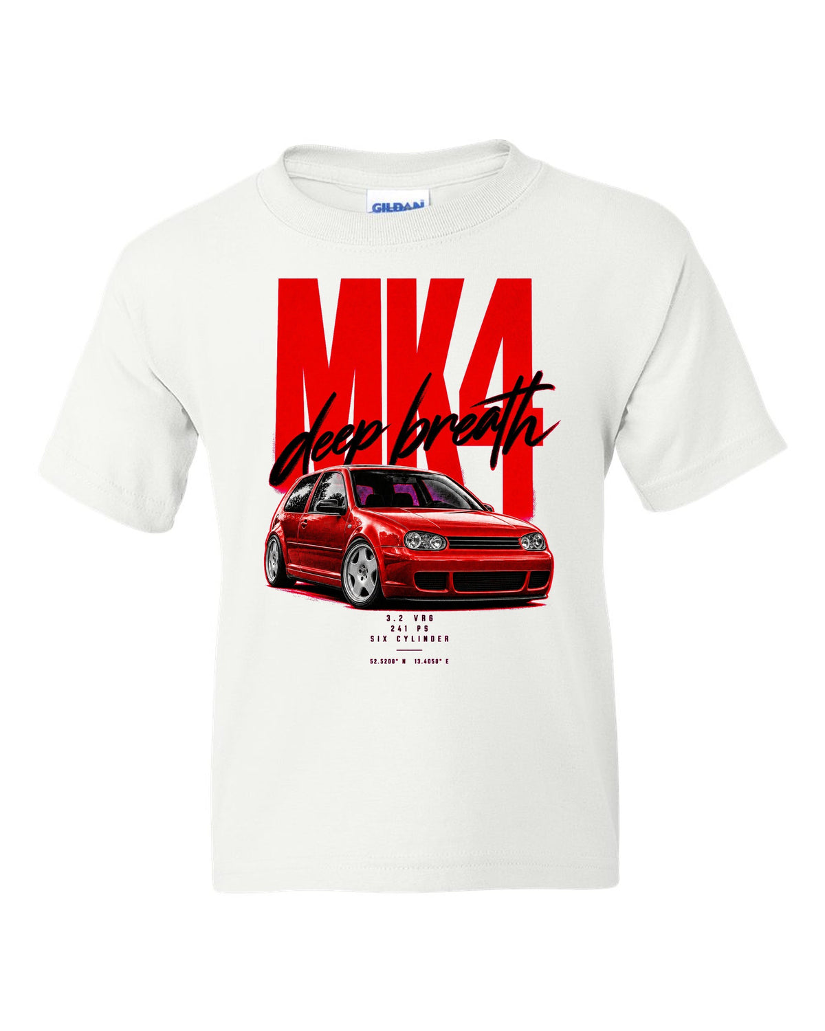 VW Golf R32 Mk4 2002 front three-quarter street poster with 241 PS text white kids tee front view with the design
