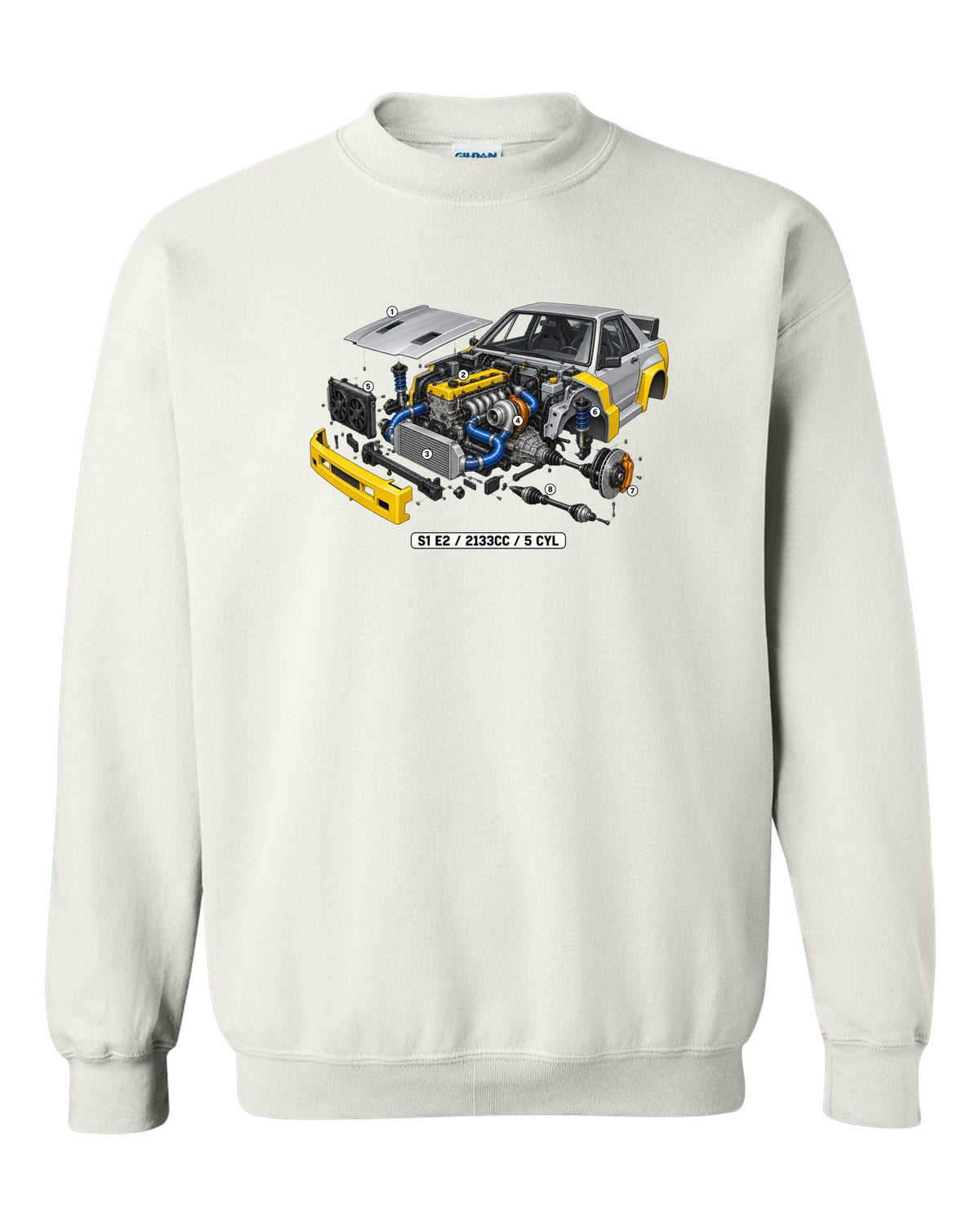 Isometric cutaway of the Audi S1 E2 five-cylinder engine, 2133cc white crewneck front view with the design