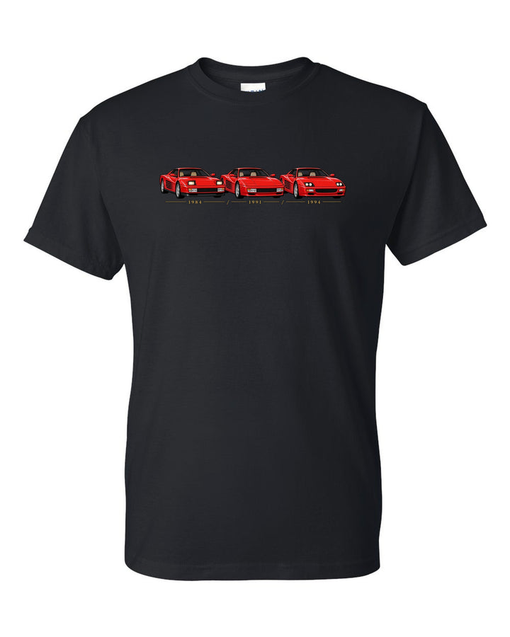 Generation lineup print of three Ferrari Testarossa family cars dated 1984, 1991 and 1994 black t-shirt front view with the design