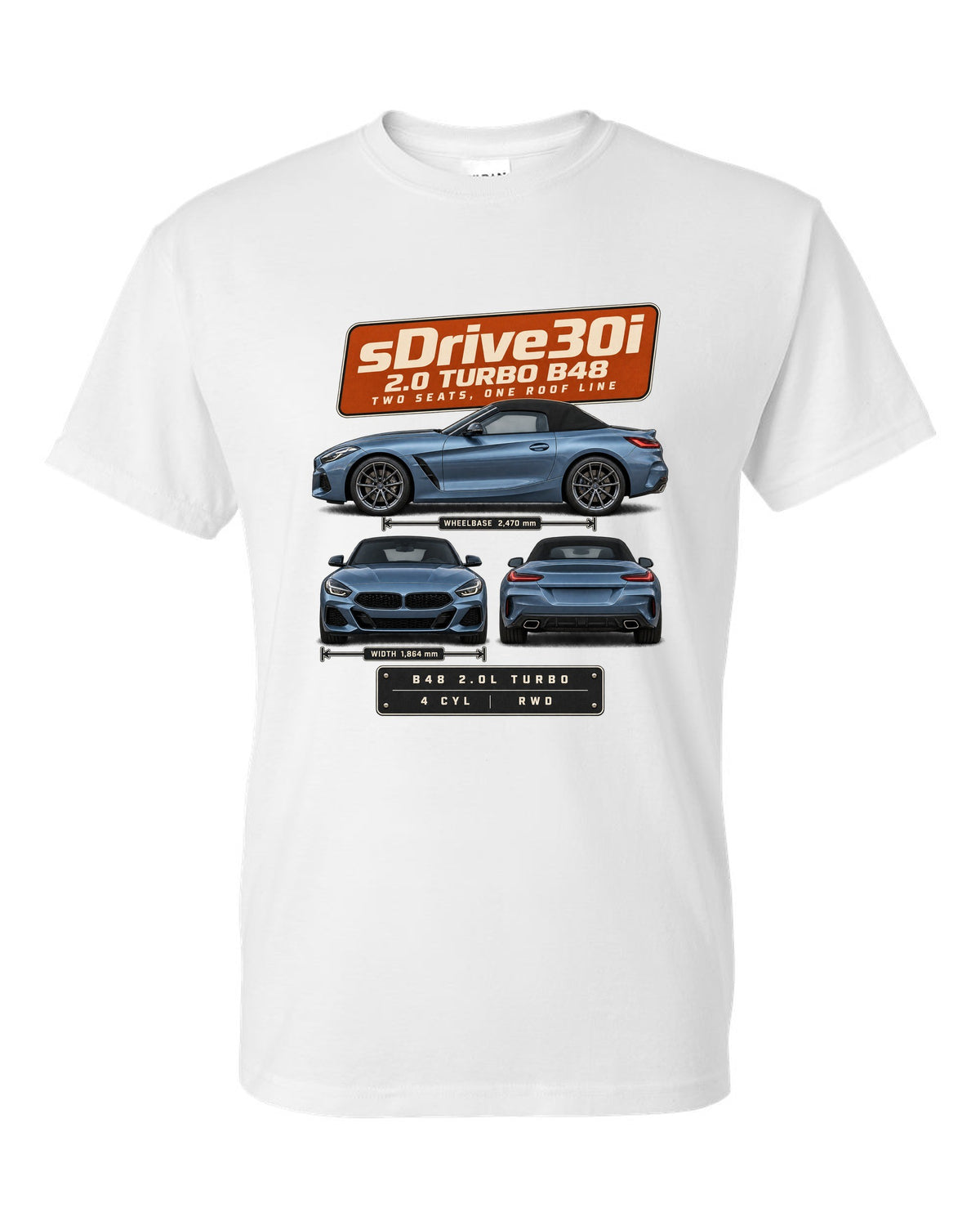 Three-view drawing and spec table print of the BMW Z4 sDrive30i G29 white t-shirt front view with the design
