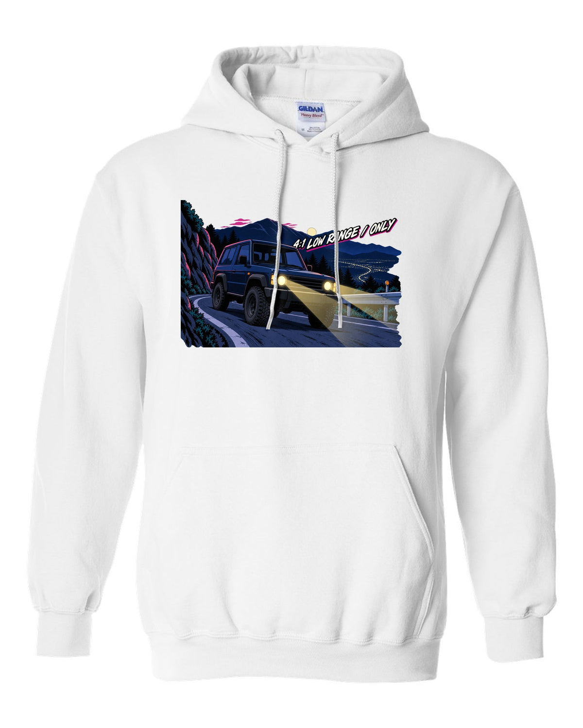 Jeep Wrangler JLU cel-shaded 90s anime night mountain pass with 4:1 low range only text white pull over hoodie front view with the design