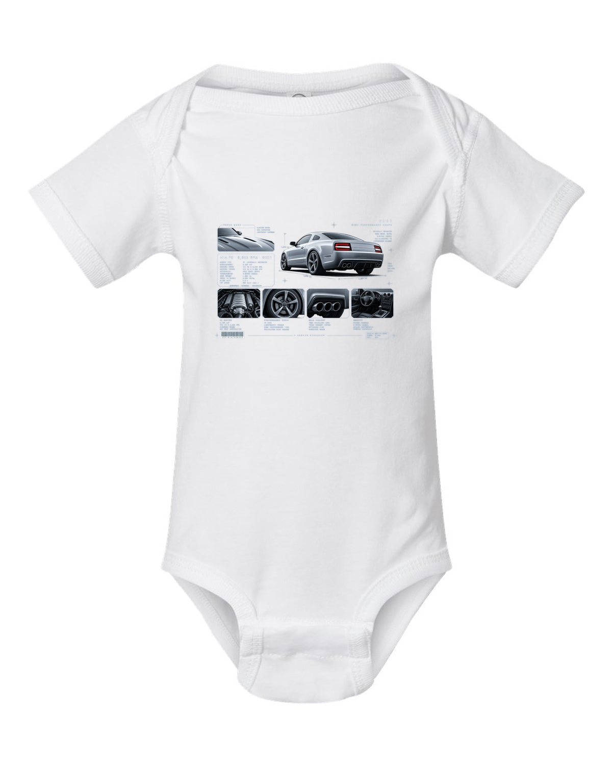 BMW E92 M3 coupe dossier panel print showing 414 PS and 8,300 RPM white baby onesie front view with the design
