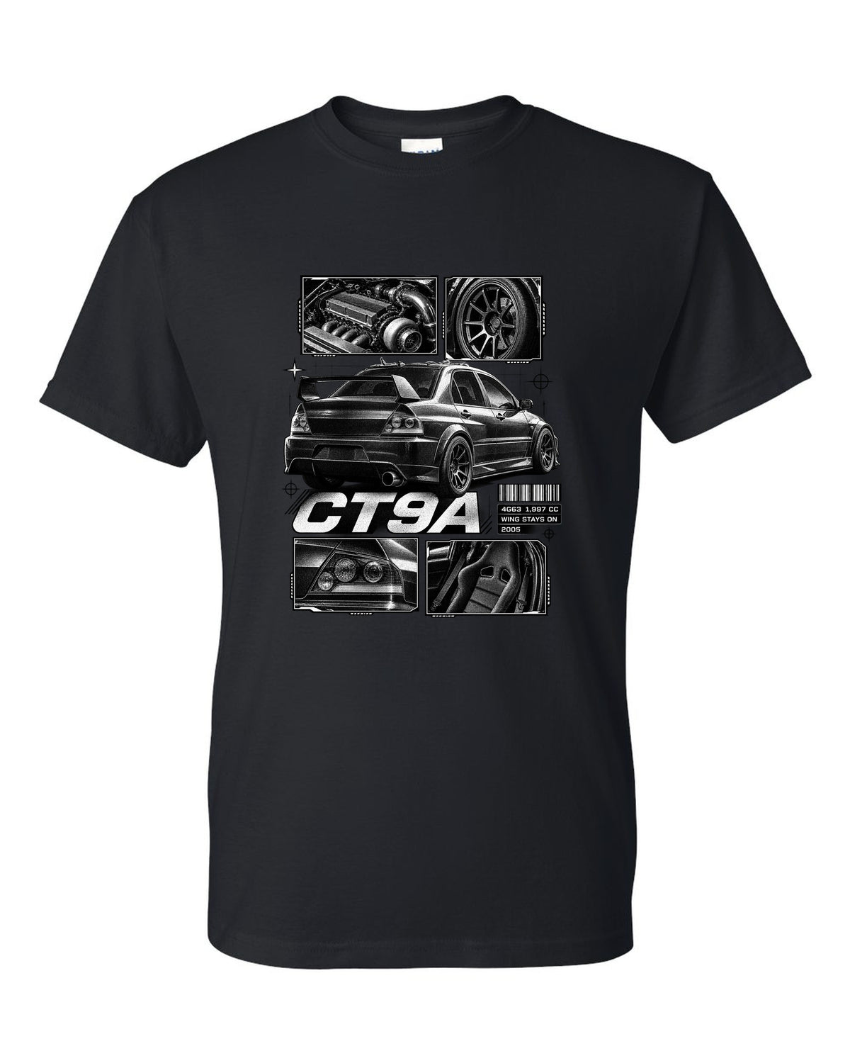 Dossier panel print of a Mitsubishi Lancer Evolution VIII IX CT9A black t-shirt front view with the design