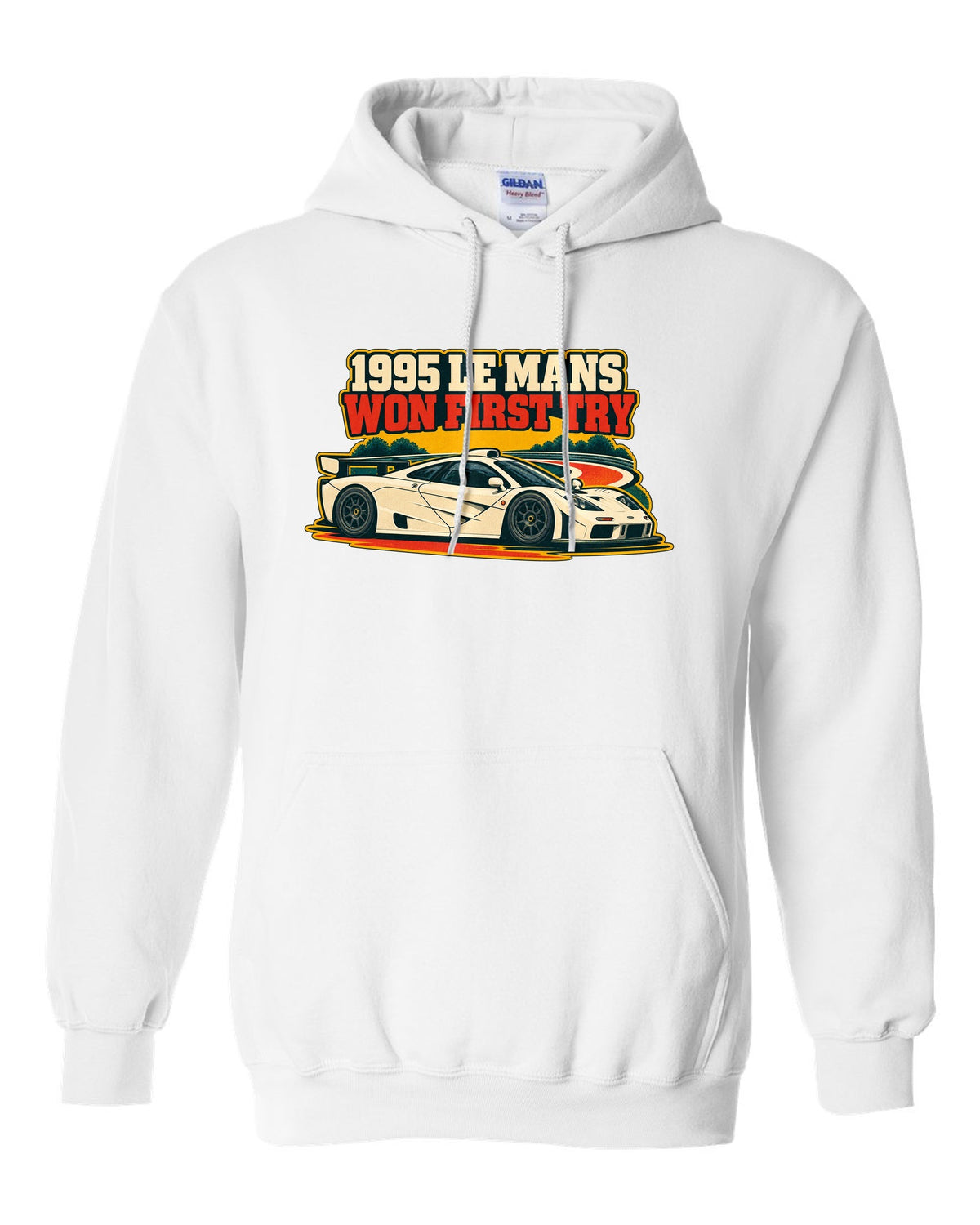 Vintage race poster print of the McLaren F1 GTR with 1995 Le Mans Won First Try lettering white pull over hoodie front view with the design
