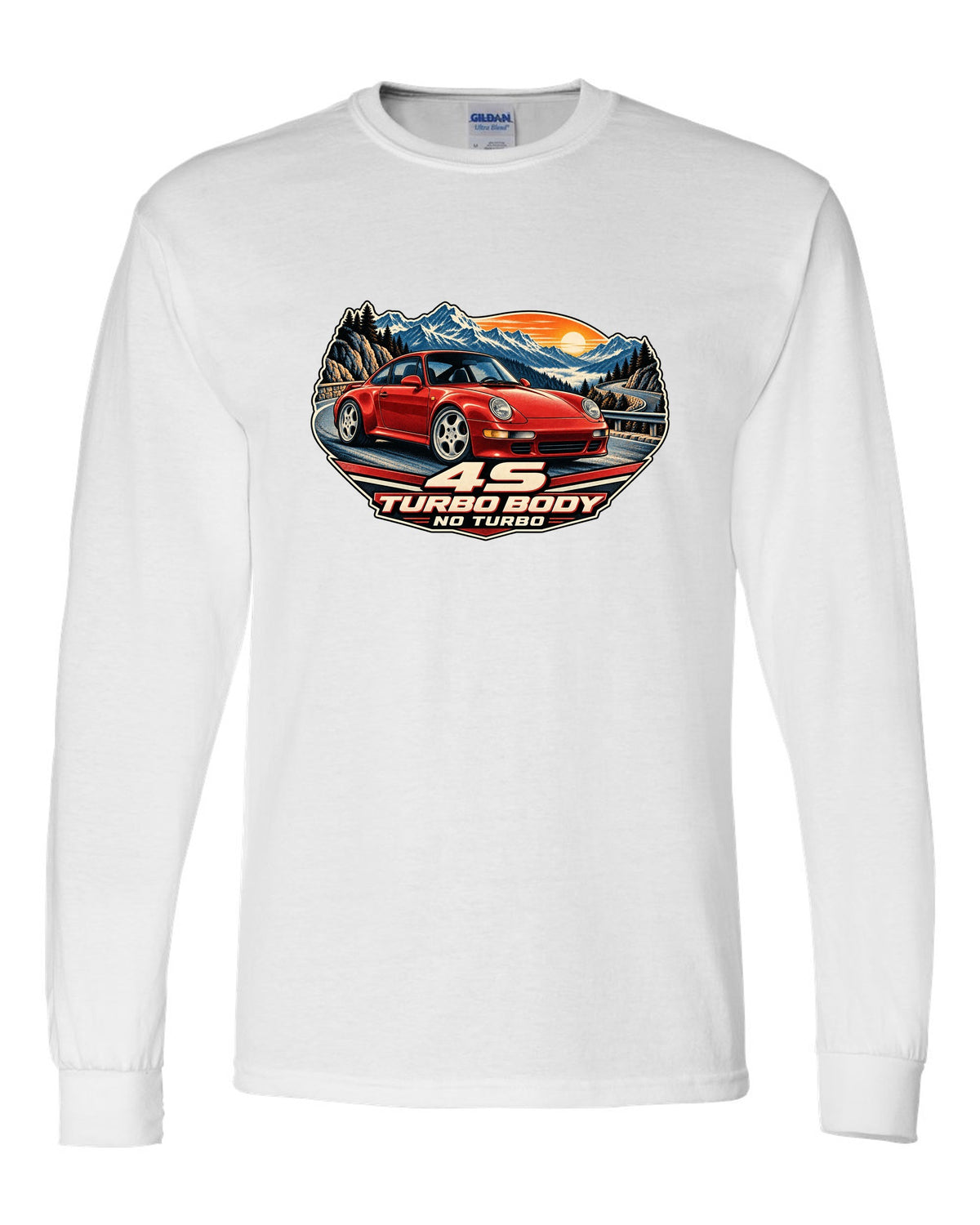 Shield crest print of a 1973 Porsche 911 Carrera RS 2.7 ducktail with the text RS 2.7, 210 PS and 975 KG white long sleeve front view with the design