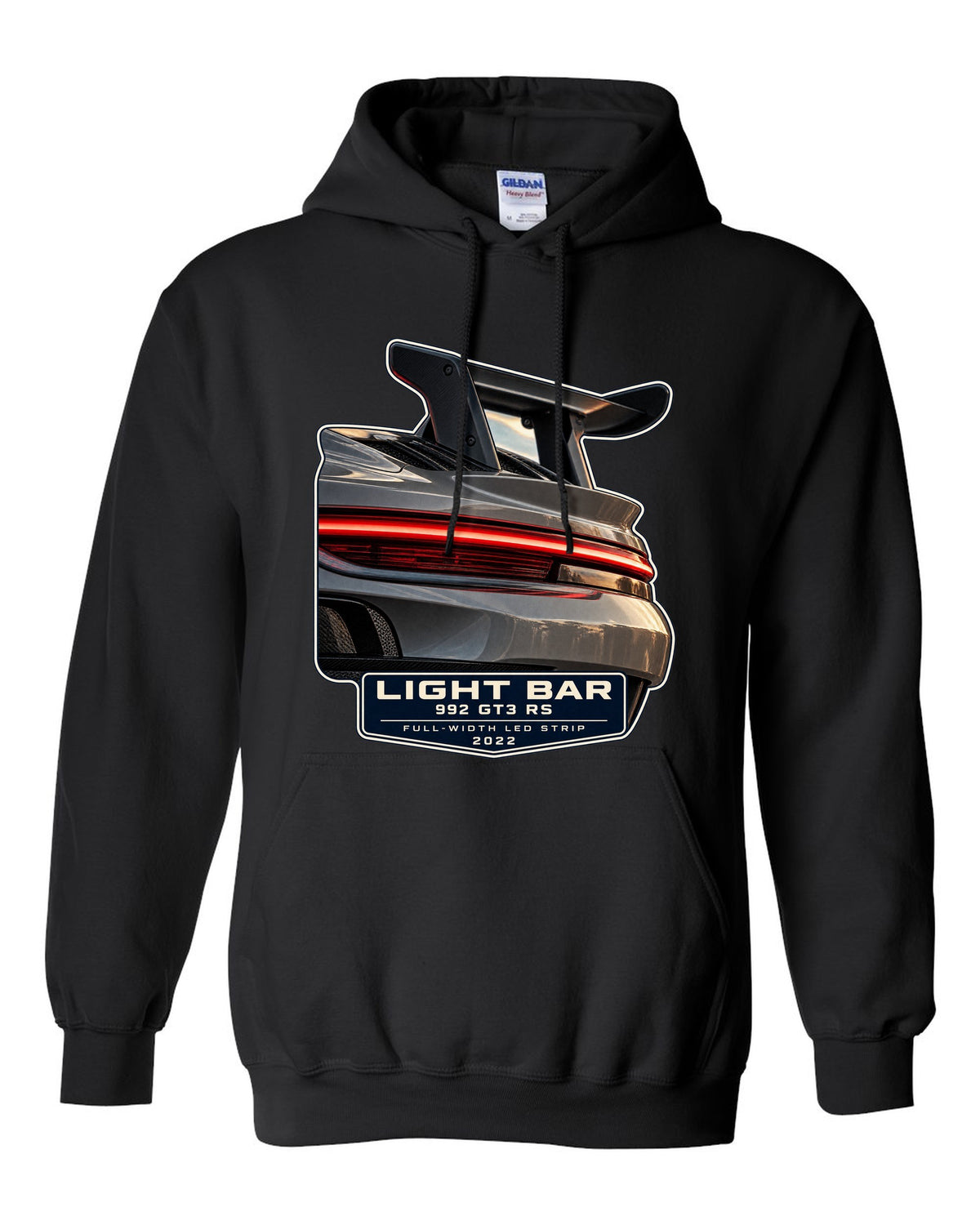 Porsche 992 GT3 RS taillight macro light bar print design black pull over hoodie front view with the design