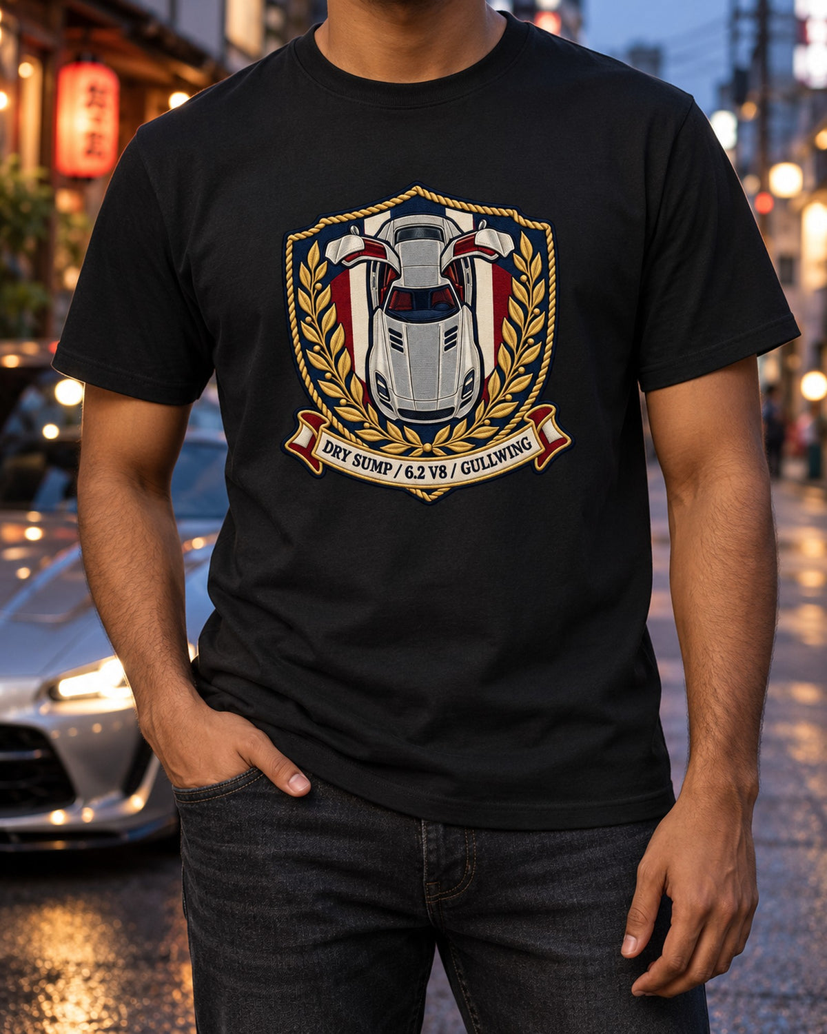 Mercedes SLS AMG C197 Gullwing Embroidery Crest Shirt T-Shirt Black worn hero