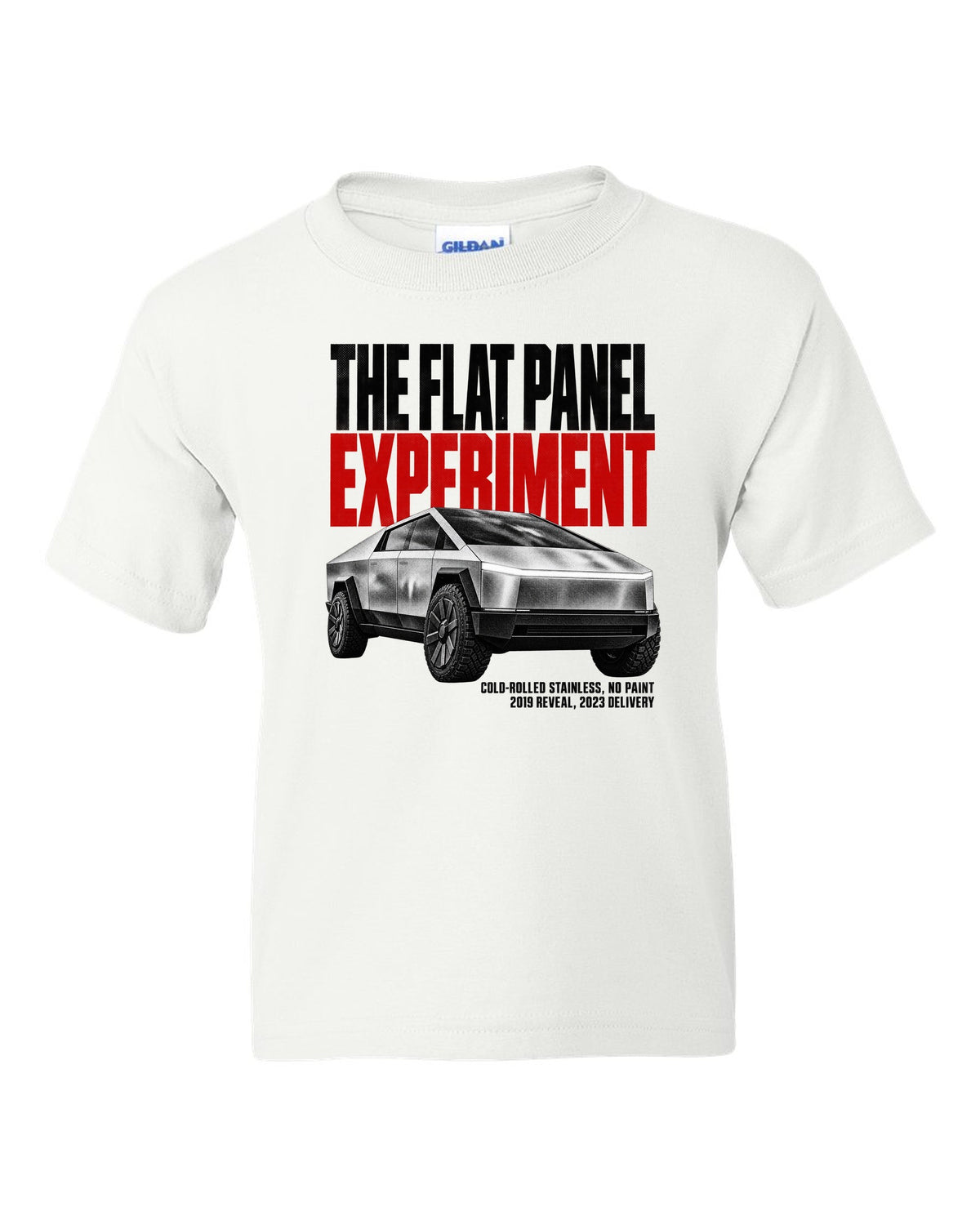 Halftone print of a 2023-24 Tesla Cybertruck with cold-rolled stainless text white kids tee front view with the design