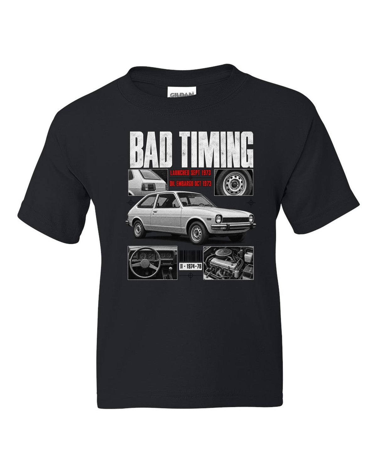 Dossier panel illustration of a 1974 Ford Mustang II chback with bad timing lettering black kids tee front view with the design