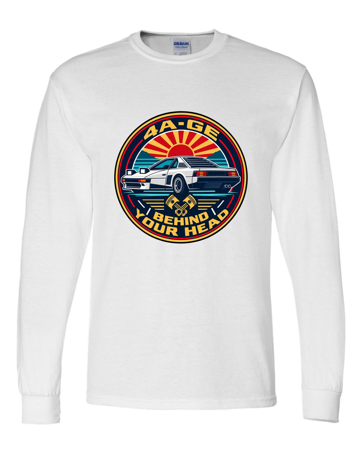 Round crest print of a Toyota MR2 AW11 with 4A-GE text white long sleeve front view with the design