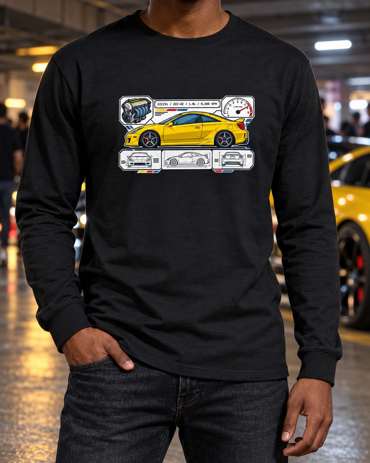 Toyota Celica ZZT231 2ZZ-GE Spec Sheet Data Plate Shirt Long Sleeve Black worn hero