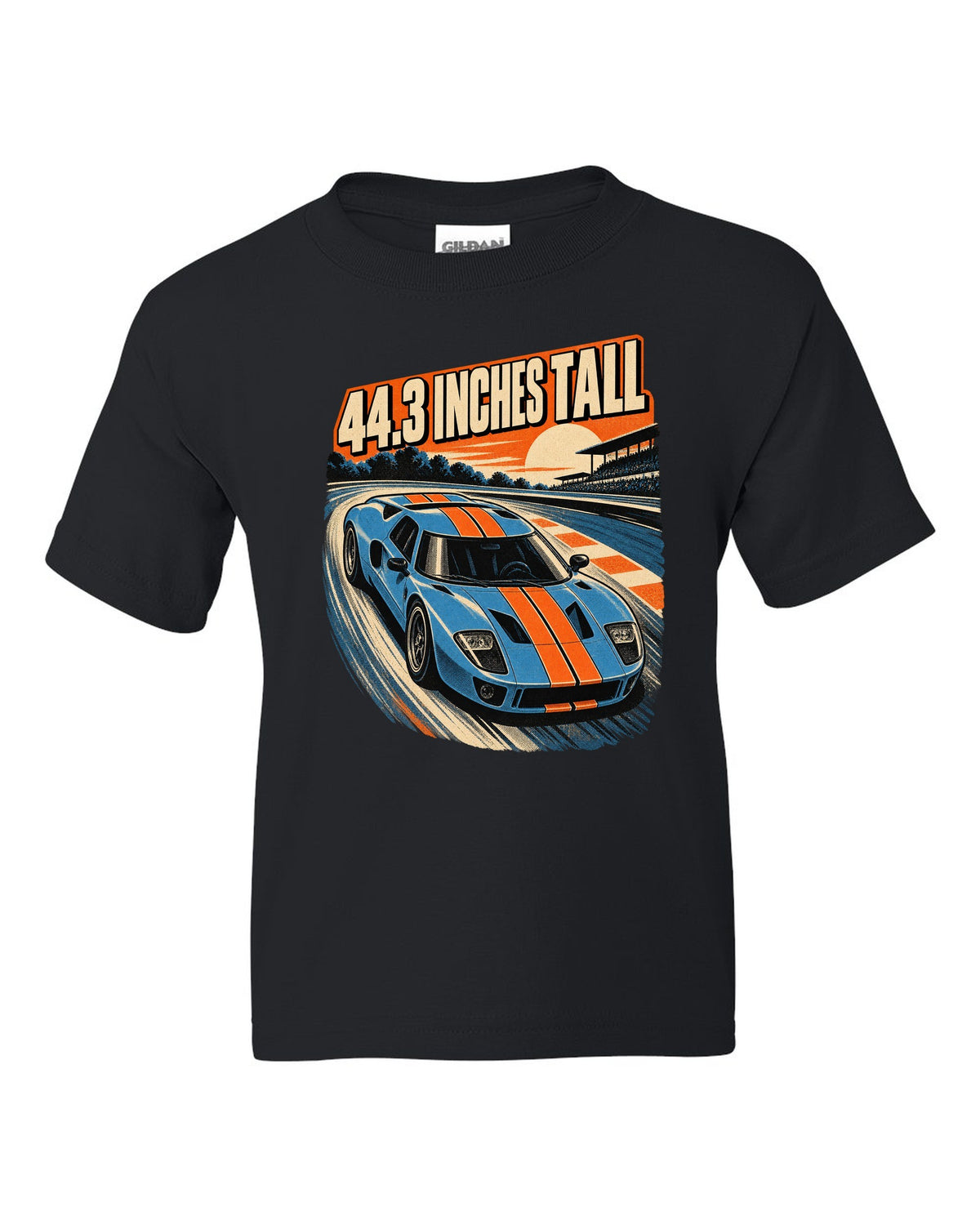 Ford GT 2005 overhead in a retro 1960s Le Mans poster print black kids tee front view with the design