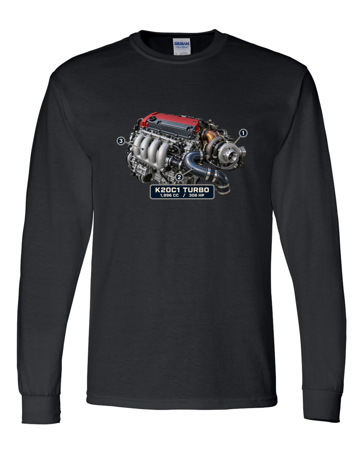 print engine illustration of the Honda Civic Type R FK8 K20C1 turbo engine black long sleeve front view with the design