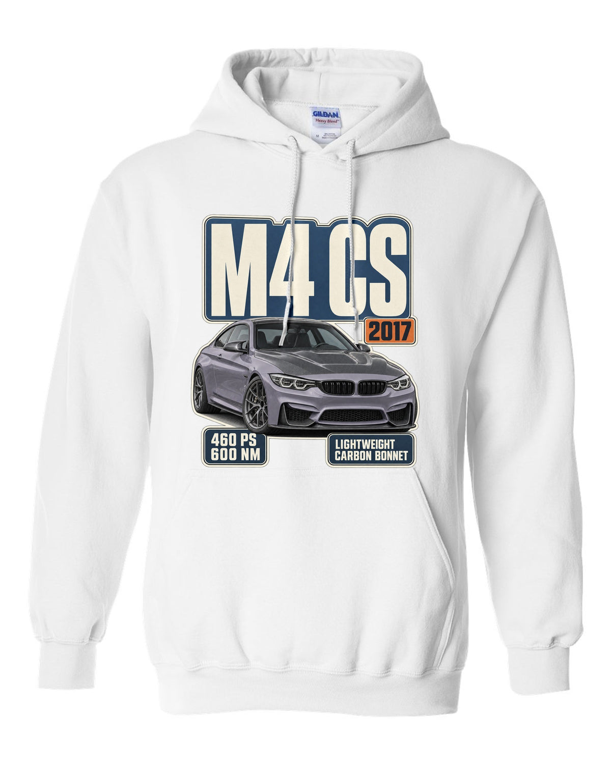 BMW M4 CS F82 editorial headline print design white pull over hoodie front view with the design
