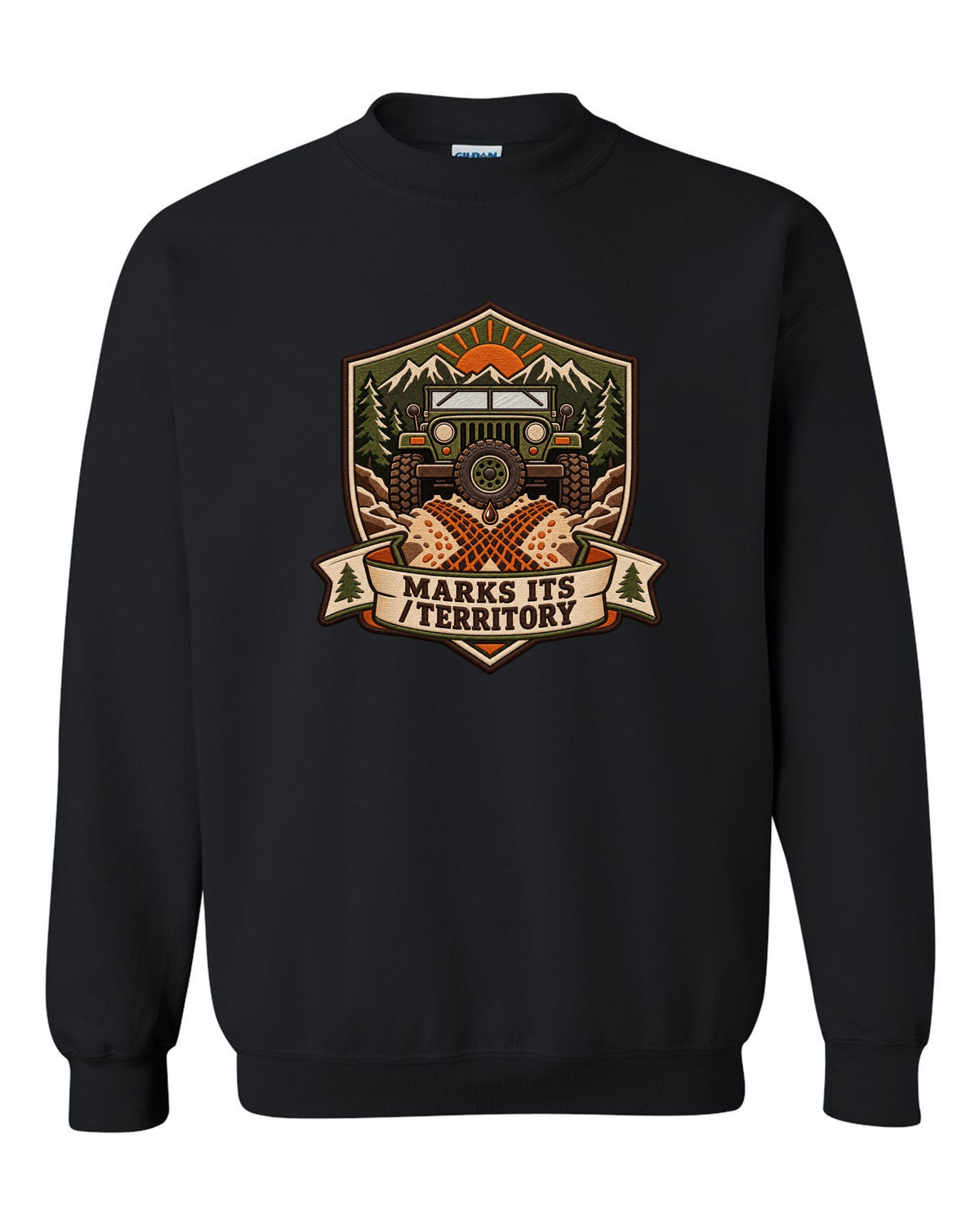 Expedition badge crest of a Toyota Land Cruiser FJ40 with the words Marks Its Territory black crewneck front view with the design