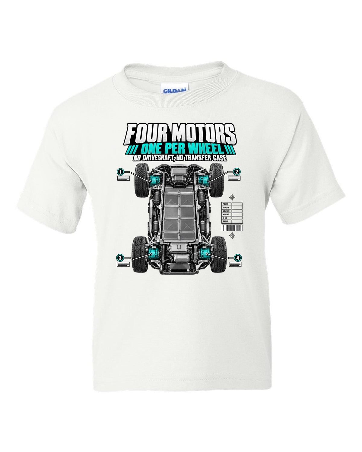 Rivian R1T Quad Motor 2022 layout with four motors, one per wheel, no driveshaft and no transfer case white kids tee front view with the design