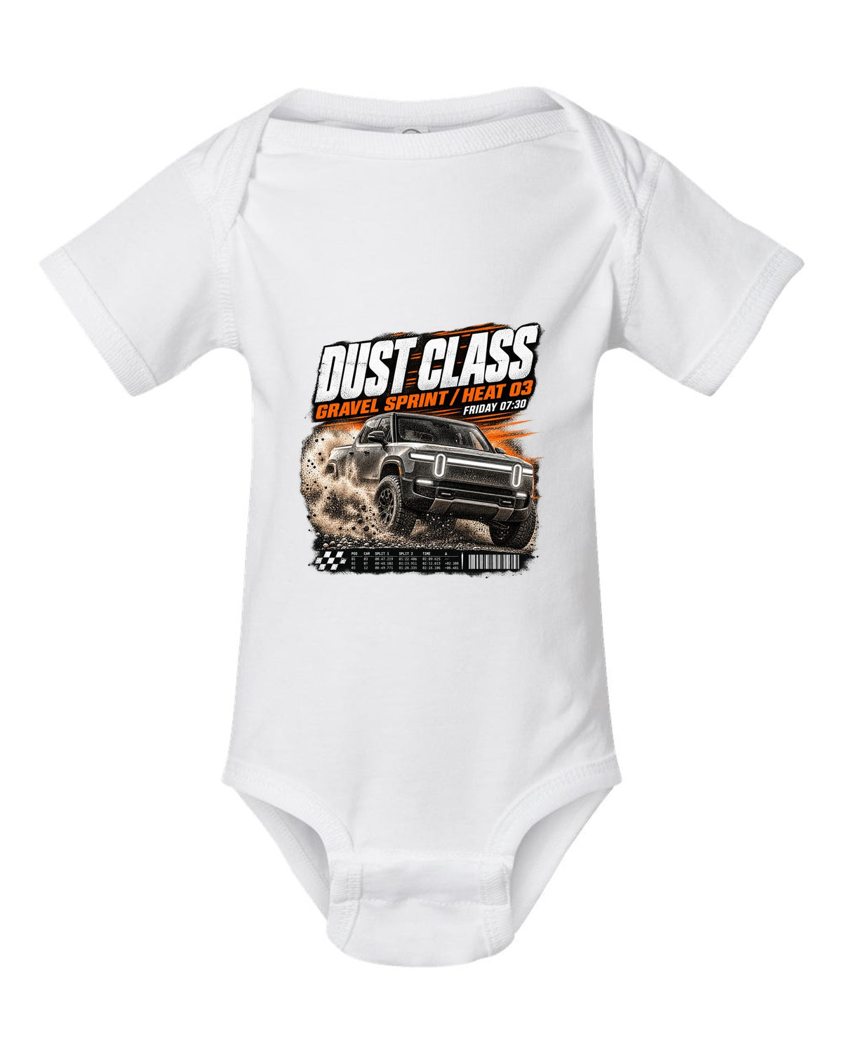 Rivian R1T Gen 2 2025 race poster reading Dust Class, gravel sprint, heat 03 white baby onesie front view with the design